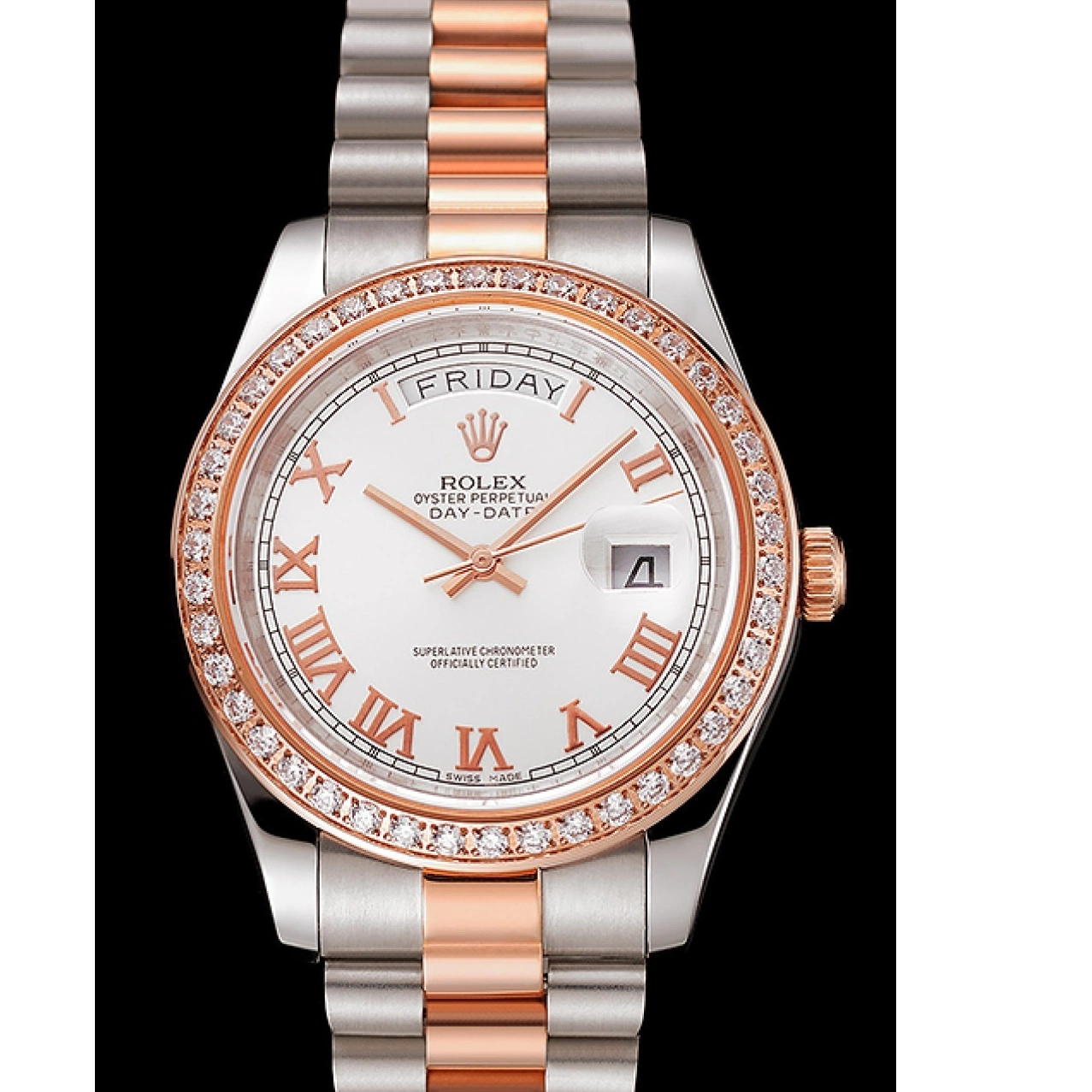 AAA Replica Watches Gold White Staineless Rose Swiss 1454108 Rolex Bezel Day-Date Dial Diamonds Steel Bracelet And 0731